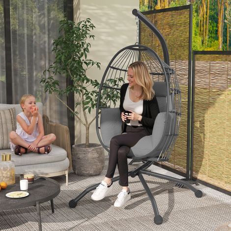 Chaise suspendue 120 kg gris avec pied, panier pliable, coussin et appuie-tête pour la charge intérieure et extérieure