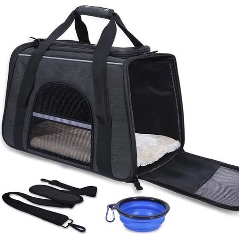 Sac de transport pour chat et chien Respirant et Pliable avec Bol pliant 45x29x31cm Noir (1/5)