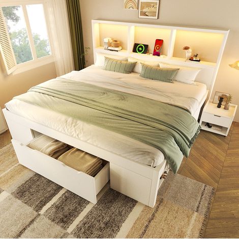 Letto adulto 140x190 cm con testiera LED, USB/Type-C, ripiani, cassetto e base, in legno bianco, materasso non incluso (1/5)
