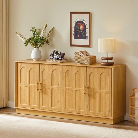 Credenza bassa contenitore, 169x40x80 cm, grande madia porta TV per soggiorno, sala da pranzo e cucina, con ante ad arco, naturale (1/5)