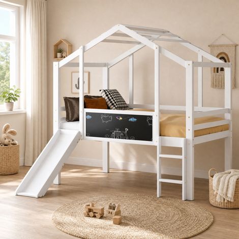 Kinder-Hochbett 90x200 cm Weiß Massivholz mit Rutsche, Leiter, Tafel und Hausdesign (1/5)