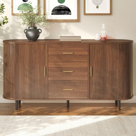 Buffet enfilade 160 x 40 x 80,5 cm 3 tiroirs portes coulissantes côtés arrondis rainurés poignées métal pieds fer noyer (1/5)