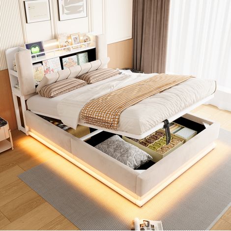 Cama canapé 140x200 cm de terciopelo beige con LED, USB y almacenaje, sin colchón - CHICFURN (1/5)