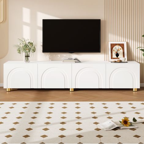 Meuble TV lowboard blanc 4 portes relief arqué pieds métal 180 x 35 x 40 cm OKWISH (1/5)