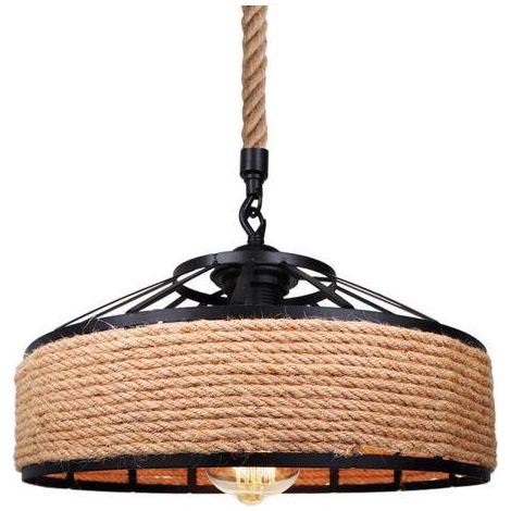 Wottes – Suspension luminaire rétro en fer avec corde de chanvre E27 – Diamètre 30 cm – Pour salon, cuisine, bar, café – Élégance vintage (1/5)
