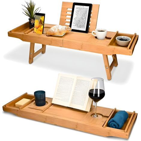 Vassoio Vasca da Bagno Estensibile in Bambù - Misura 75x23x5 cm, allungabile da 75 a 108 cm - Vassoio in legno con gambe pieghevoli per colazione lett (1/5)