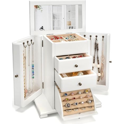 Boîte à bijoux pour femme, boîte à bijoux avec 4 couches et 1 miroir, grande boîte à bijoux, en bois de chambre pour collier, boucles d'oreilles, bracelet à lunettes (blanc) (1/5)