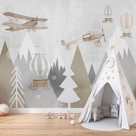 Papier peint panoramique Enfants - Avions Montgolfières - 130 cm x 89 cm (1/4)