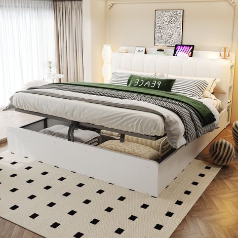 Lit coffre en bois 180x200 cm,rangement hydraulique,tête de lit avec étagère,ports USB,veilleuse,dossier rembourré,blanc et beige (1/5)