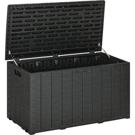 Spacious outdoor storage bo, sizes,Weather--resistant plastic shell, double--wall design 64.5H  122.4L  62Wcm.Maimum load 100kg, 366L (1/5)