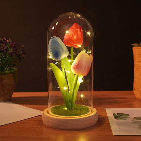 Lampe Tulipe - Veilleuse LED à Montage DIY - Base en Bois et Abat-jour en Verre - Pour Chambre, Salon ou Chambre d'Enfant - 1 Pièce (1/5)
