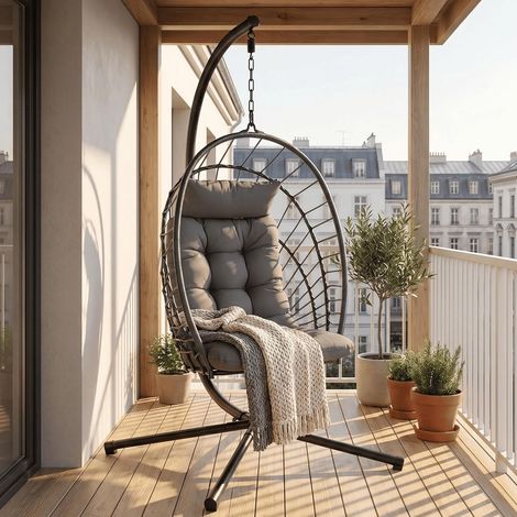 Fauteuil suspendu avec cadre,coussin,Pour l'intérieur et l'extérieur,Pliable Balançoire pour adultes et enfants,Gris