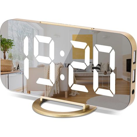 Réveil Numérique - Écran LED 15,5 cm - Miroir Réfléchissant - 3 Niveaux Luminosité - Double Port USB - Alimentation Secteur - Or (1/5)