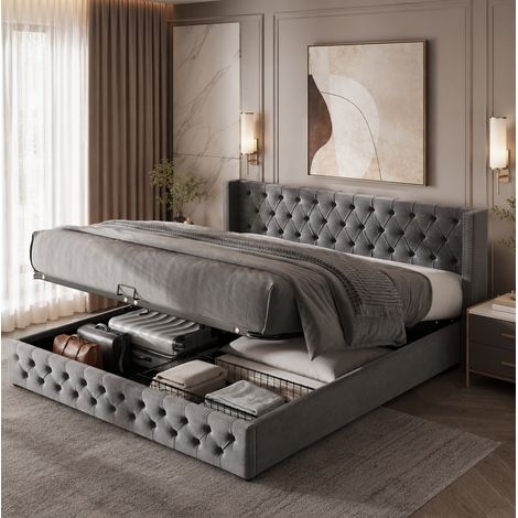MEUBLIV Polsterbett 180x200 cm Samt Grau mit Stauraum, ohne Matratze (1/5)