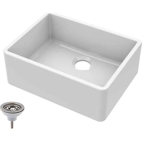 595mm - Single Bowl Fireclay Butler Kitchen Sink - Chrome Strainer Waste (1/5)