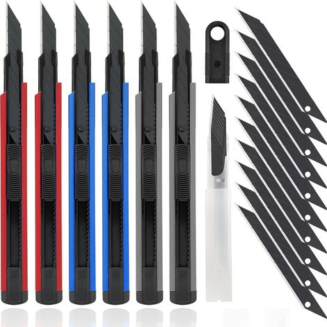 Couteau utilitaire Coupe-boîte Couteau de passe-temps rétractable 6 pièces avec 20 lames SK5 à clipser de 9 mm Poignée en aluminium pour découper des boîtes en carton ou bricolage (1/5)