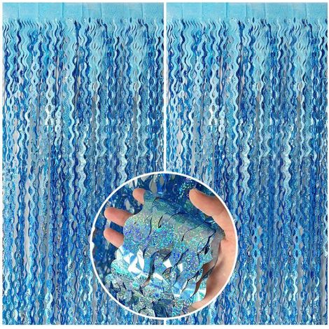 Rideau à franges métallisées - SONGHUI - motif ondulé - Bleu - 1m x 2m (x2) - Film PET réutilisable (1/5)