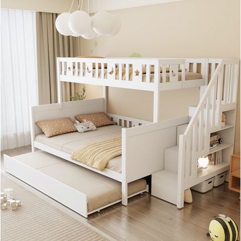 Letto a castello bambini 90x200 cm e 140x200 cm con letto aggiuntivo, scala contenitore, rete a doghe, in legno, bianco (1/5)
