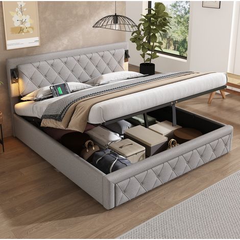 Letto contenitore 180x200 cm in lino grigio con LED e USB, senza materasso – MEUBLIV (1/5)