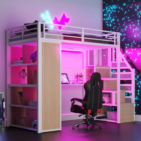 Lit mezzanine métal 90x200 cm blanc avec penderie rangement, bureau prises LED, échelle, placard