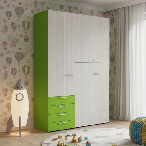 L.150 H.225,8 - Armadio ad ante battenti con ripiani e cassetti - Perfetto per organizzare i tuoi vestiti - Rovere rock e Verde mela