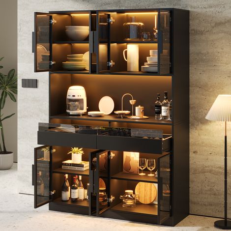 Vitrine moderne gris 120x40x180cm éclairage LED, 8 portes verre trempé, 2 tiroirs et niche ouverte, buffet vitré idéal comme meuble bar pour salon (1/5)