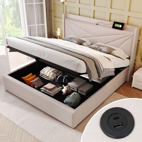 Lit Coffre Lit Double avec USB, Type-C et Tête de Lit Rembourrée 140×200 cm, sans Matelas, Beige