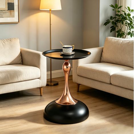 Mesa auxiliar redonda de acero al carbono negro y dorado, diseño tipo bandeja, compacta para salón y dormitorio (1/5)