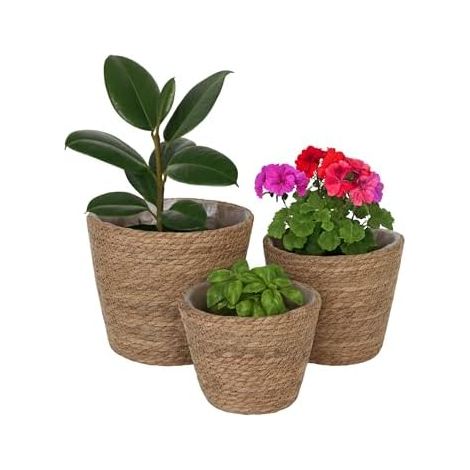 Relaxdays Blumentopf, 3er Set, Schilf, Pflanzentöpfe mit Folie, 3 Größen, Boho-Style, runde Blumenübertöpfe, Natur
