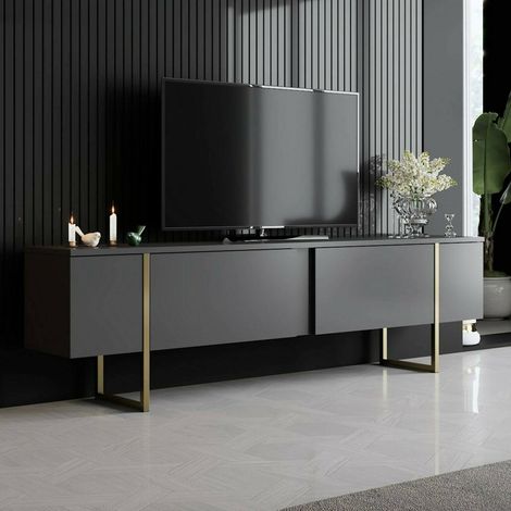 Dmora - Fernsehschrank Centaurus, Ständer für Wohnzimmerfernseher, Niedriges Wohnzimmer-Sideboard, TV-Ständerbasis, 180x30h50 cm, Anthrazit und Gold, mit verstärkter Verpackung (1/5)