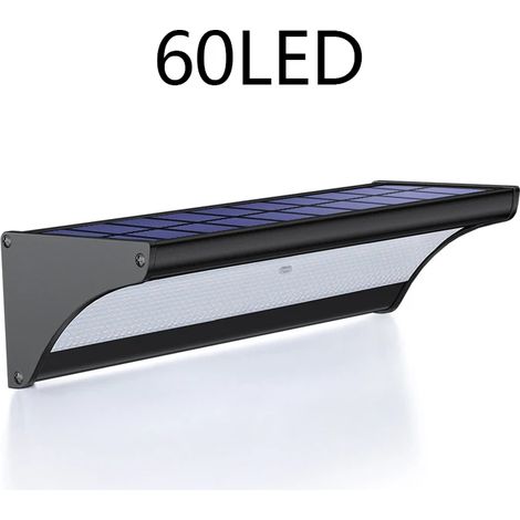 (Éclairage blanc - 60 LED - Noir) Appliques murales solaires pour jardin extérieur, lampe solaire avec capteur radar, éclairage de rue en aluminium, 6000 mAh, étanche, lampe de cabanon (1/5)