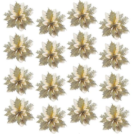 16-teiliges Set glitzernder weißgoldener Weihnachtsblumen, Christbaumschmuck, künstliche Weihnachtssternblumen (1/4)