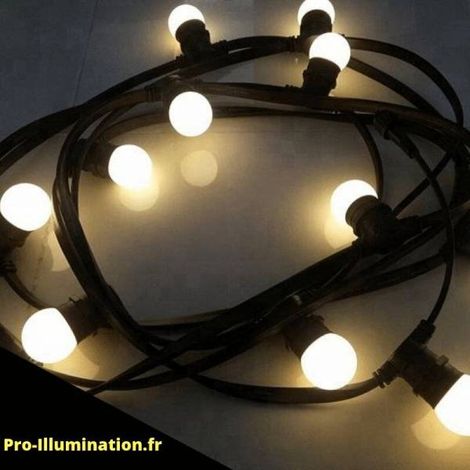 Guirlande extérieure guinguette IP65 30M 30 ampoules plastique 1W LED blanc chaud câble caoutchouc noir professionnelle (1/5)