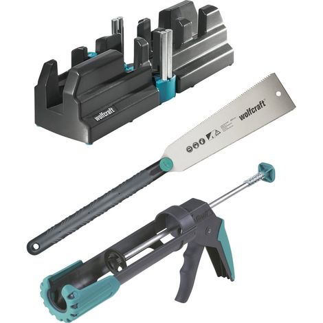 wolfcraft - Set Fissaggio dei battiscopa - Con rapportatore angolare e tagliacornici, sega giapponese e pistola MG 200 - cod. 6977000