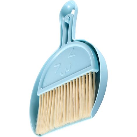 Mini balai et pelle à poussière en plastique avec visage souriant, format compact et portable, idéal pour le bureau ou la table (bleu). Nettoyage efficace et facile. (1/5)