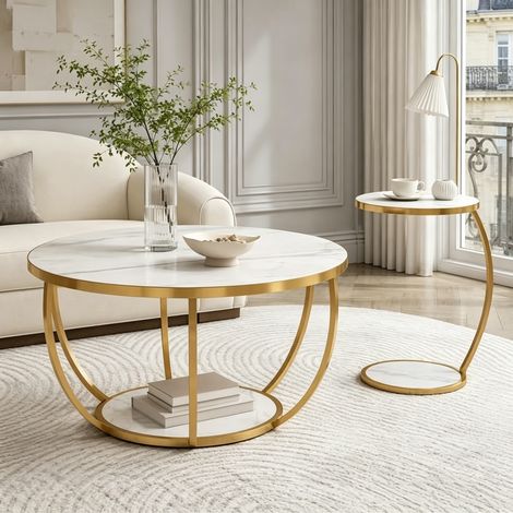 WUMAGIN - Table basse ronde 2 niveaux (Lot de 2) - Matériaux en bois massif et en métal - Design moderne pour salon - Idéal pour les salons, les bureaux et les salles d'étude - Blanc (1/5)
