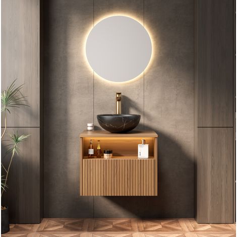 Mueble lavabo suspendido 60 cm con lavabo cerámico negro y acabado roble (1/5)