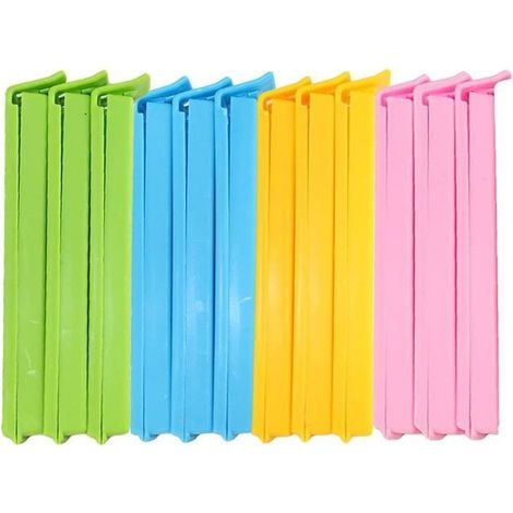 12 pinces de sac alimentaires réutilisables. Fermeture étanche pour snacks, bonbons et emballages. Multicolore (1/5)