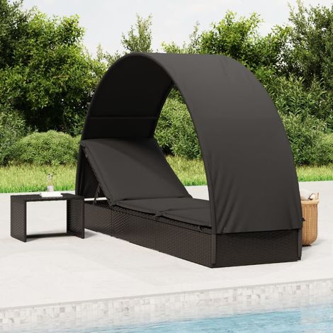 Chaise longue avec toit rond, Transat, Bain de soleil, Chaise de plage noir 211x57x140 cm résine tressée ZSE4419 (1/5)