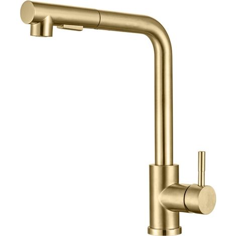 Robinet de cuisine, douchette extractible avec 2 modes de pulvérisation, pivotant à 360°, eau chaude et froide, or brossé (1/4)