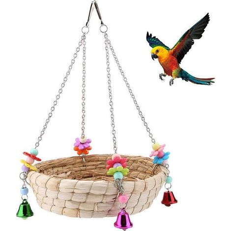 Nichoir et mangeoire, Jouet de Perroquet D'oiseau, Nid D'oiseau de Perroquet, Balançoire de Lit de Nid de Paille Tissée à la Main (1/5)