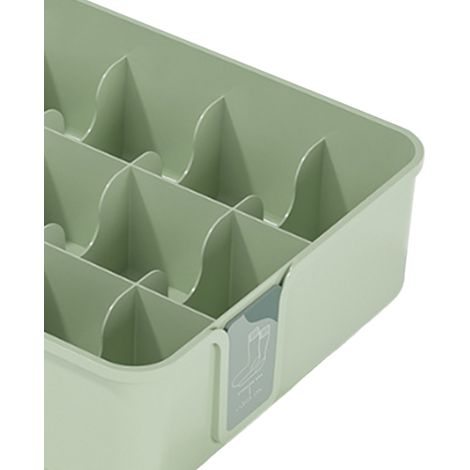 Socken- und Unterwäsche-Organizer aus Kunststoff mit 15 Fächern, Aufbewahrungsbox für die Kleiderschrankschublade, mit grünen Zierbändern. (1/5)
