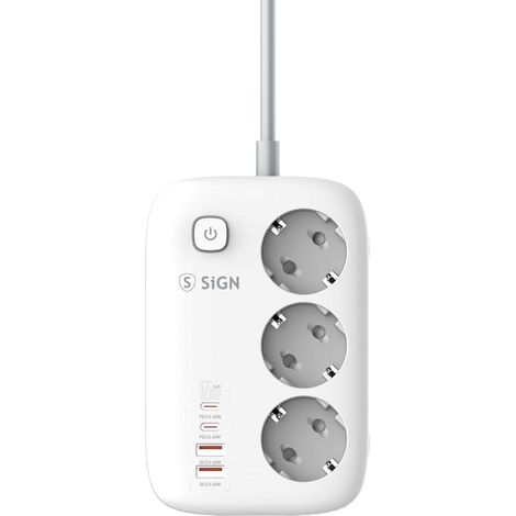 Sign 65w gan schnelllade steckdosenleiste mit 3 steckdosen 2 usb a anschlussen 2 usb c anschlussen 2 m kabel - wei