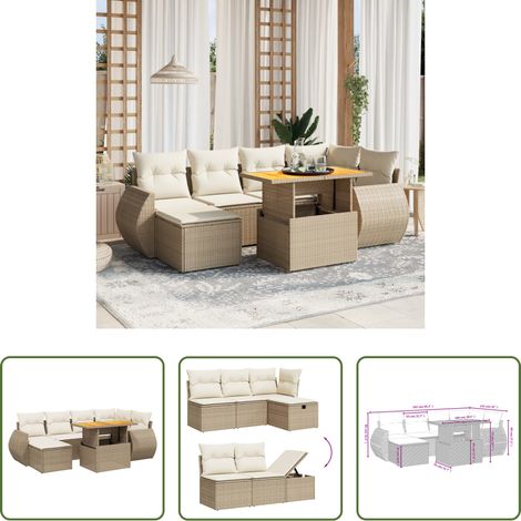 vidaXL Gartentisch mit Bezug - 7-tlg. Garten-Sofagarnitur mit Kissen Beige Poly Rattan (1/5)