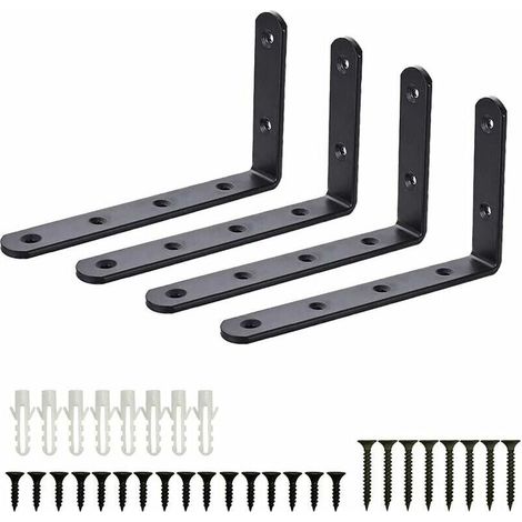 Équerres de fixation murales en acier inoxydable noir L, lot de 4 pièces pour étagères, meubles et garage – DIY industriel