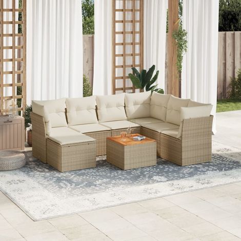 Ensemble Salon Jardin 8 Places Résine Tressée Beige - Canapés d'Angle et Central avec Table Acacia et Coussins Détachables (1/3)