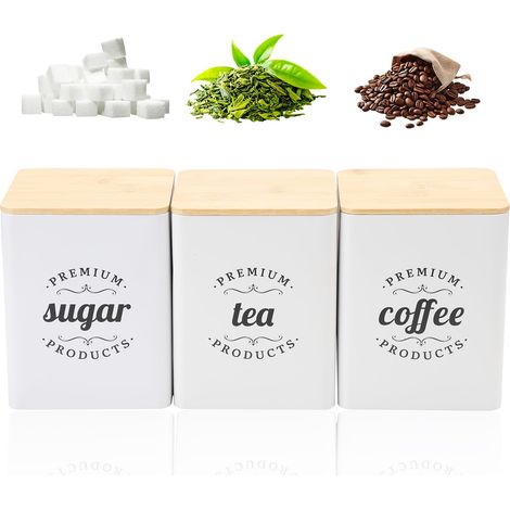 Lot de 3 Cuisine Boîtes de Rangement, 1300ml Boite Hermetique Alimentaire avec Couvercles en Bois, pour Ranger Vos Sachets de Thé, Cubes de Sucre et Grains de Café (1/5)