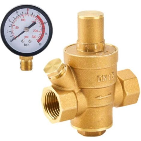 Réducteur de pression d'eau DN15 réglable en laiton avec manomètre, pour usage domestique (1 pièce). (1/4)