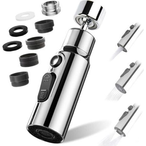 Aérateur de Robinet, 360° Pivotant Embout Robinet Cuisine avec 3 Modes Douchette Mousseur Robinet Economie Eau, Adaptateur Economiseur D'eau Pour Robinet Salle De Bain lavabo (Argent)