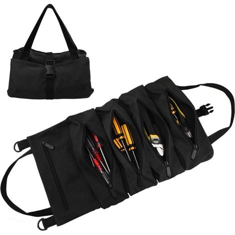 Sac à outils, pochette à outils compacte enroulable avec 5 poches zippées, pochette à clés, seau organisateur d'outils en toile cirée (1/4)